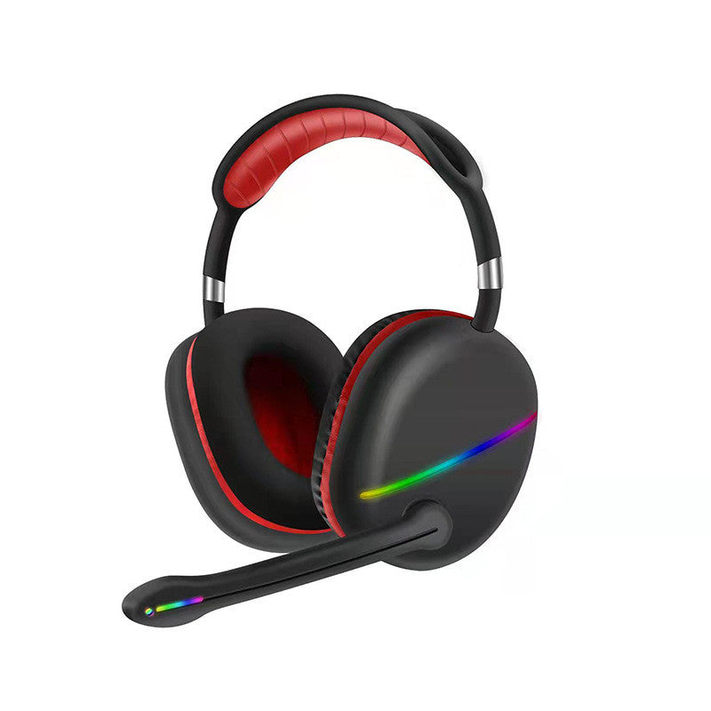 Black gaming headset with red accents and RGB lighting on a white background