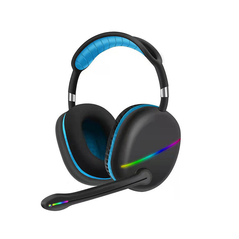 Black gaming headset with blue accents and a microphone on a white background