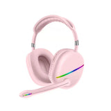 Pink headphones with a rainbow accent on a white background