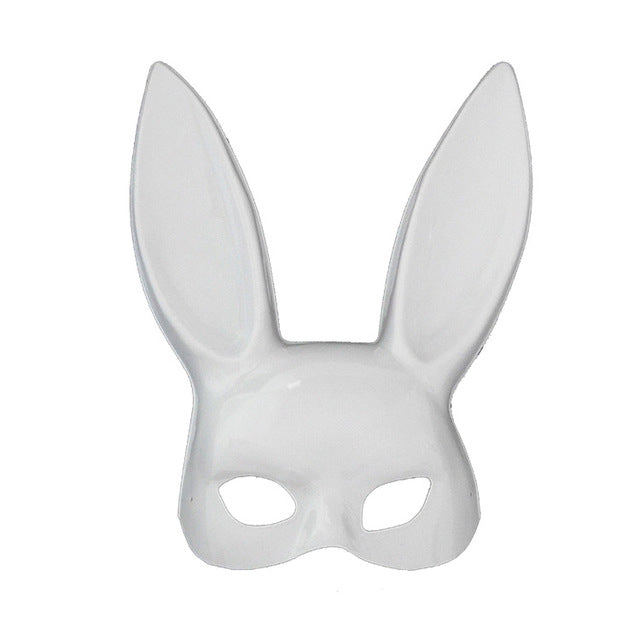 White rabbit mask with large ears on a white background