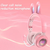 Pink headphones with bunny ears on a pink background, featuring text about clear call noise reduction microphone.