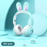 Mint green headphones with bunny ears on a light blue background