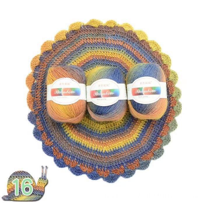 Three skeins of colorful yarn with labels on a crocheted fabric background.