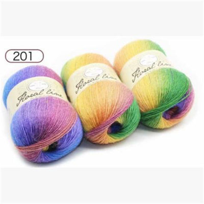 Five balls of colorful yarn with brand name on a white background
