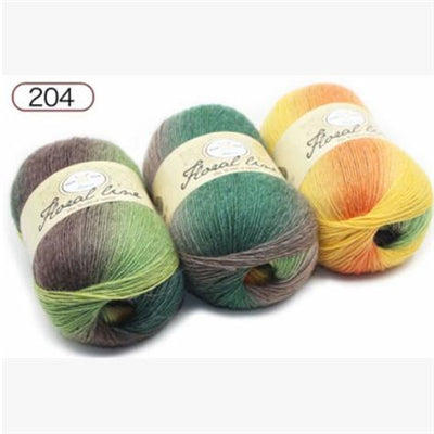 Four skeins of multicolored yarn with 'Rosalina' labels on a white background.