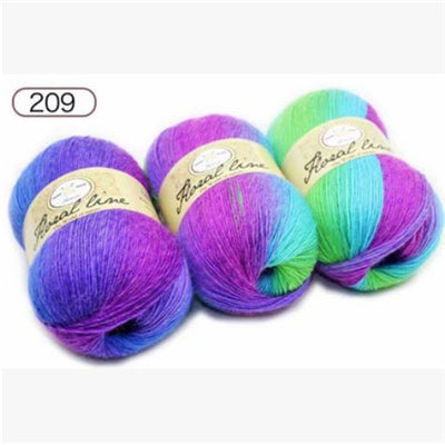 Three skeins of multicolored yarn with 'Great Line' labels on a white background.