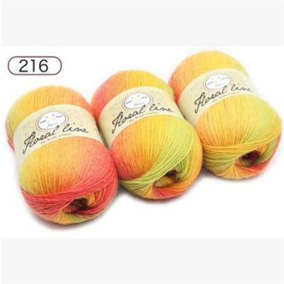 Four balls of multicolored yarn with 'Floral line' labels on a white background.