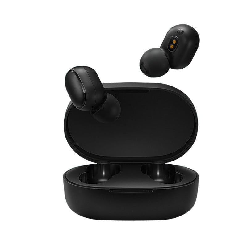 Black wireless earbuds with charging case on a white background