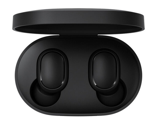 Black wireless earbuds in a charging case on a white background