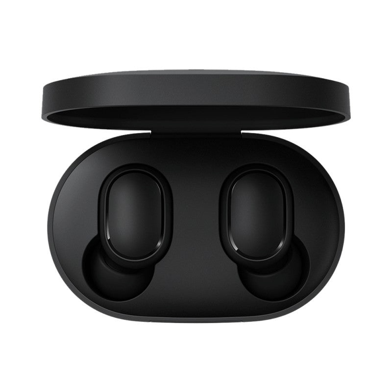Black wireless earbuds in a charging case on a white background