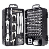 Screwdriver set with various bits and tools in a black case on a white background