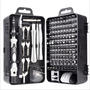 Screwdriver set with various bits and tools in a black case on a white background