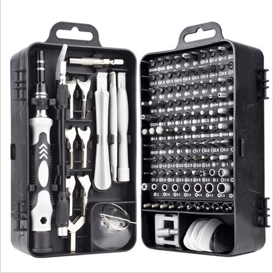 Screwdriver set with various bits and tools in a black case on a white background