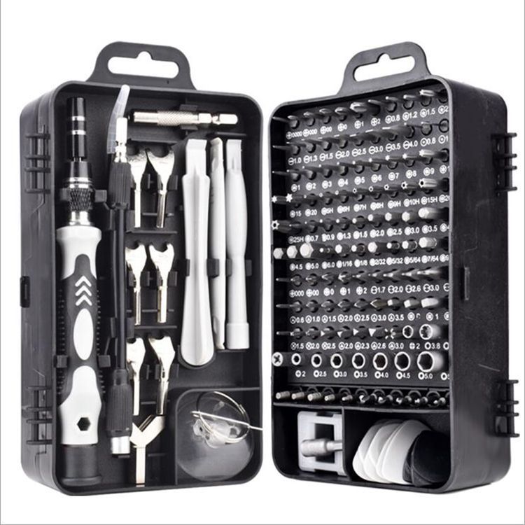 Screwdriver set with various bits and tools in a black case on a white background
