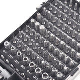 Set of screwdriver bits in a black case with white text