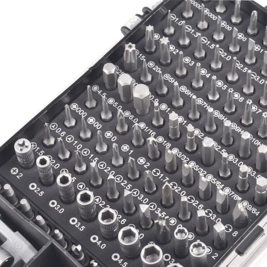 Set of screwdriver bits in a black case with white text
