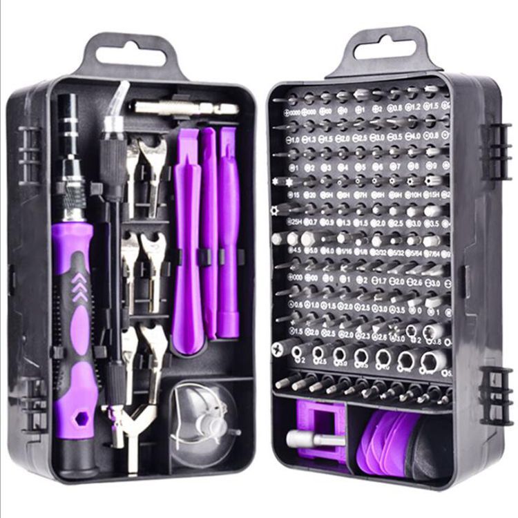 Tool kit with purple and black tools in a black case on a white background