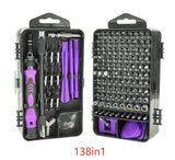 Screwdriver set with various bits in a black case, showing 138 items.