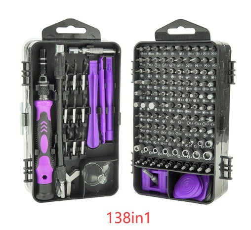 Screwdriver set with various bits in a black case, showing 138 items.