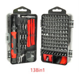 138-in-1 screwdriver set with various bits and tools in a clear case on a white background.