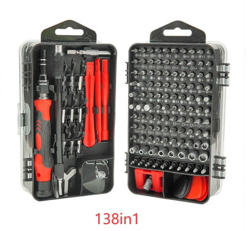 138-in-1 screwdriver set with various bits and tools in a clear case on a white background.
