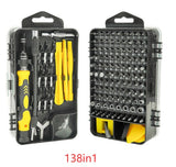138-in-1 screwdriver set with tools and bits in a clear case on a white background