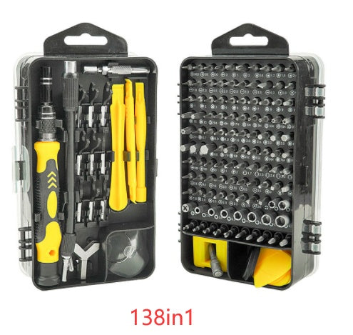 138-in-1 screwdriver set with tools and bits in a clear case on a white background