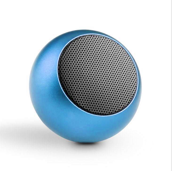 Blue spherical speaker on a white background