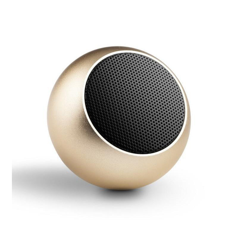 Gold spherical speaker on a white background