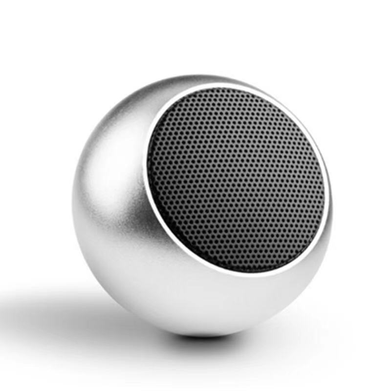 Silver spherical speaker on a white background