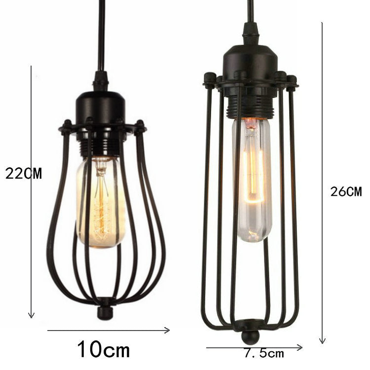 Two pendant lights with wire cages and measurements on a white background