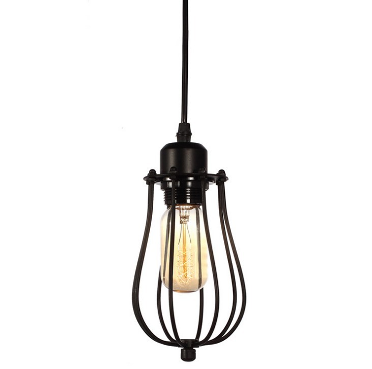 Black wire cage pendant light with a lit bulb on a white background