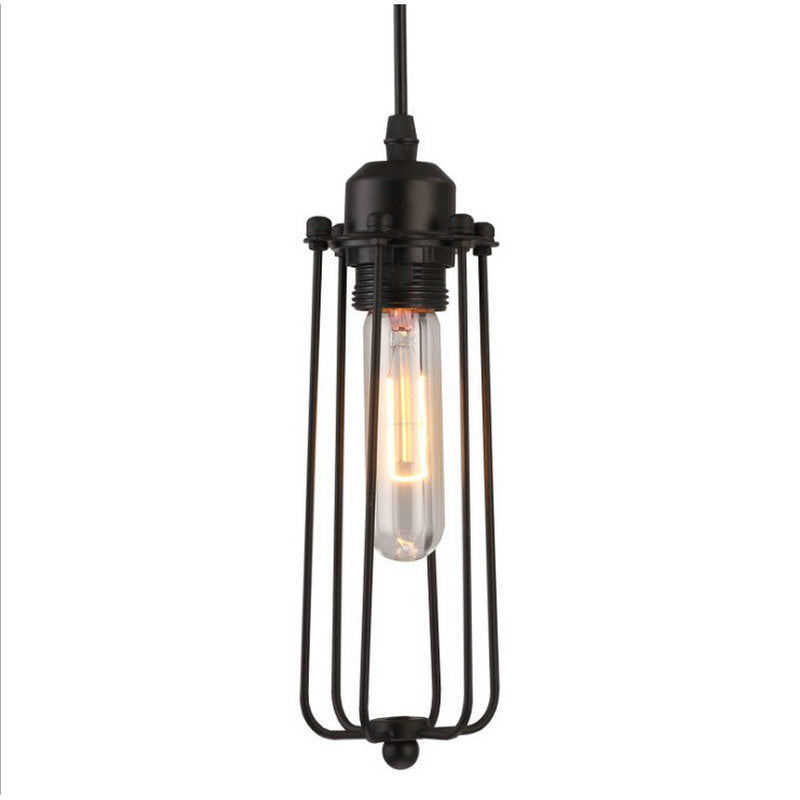 Vintage-style pendant light with a black metal cage and exposed bulb on a white background