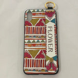 Phone case with geometric pattern and 'FLOWER' text on a white background