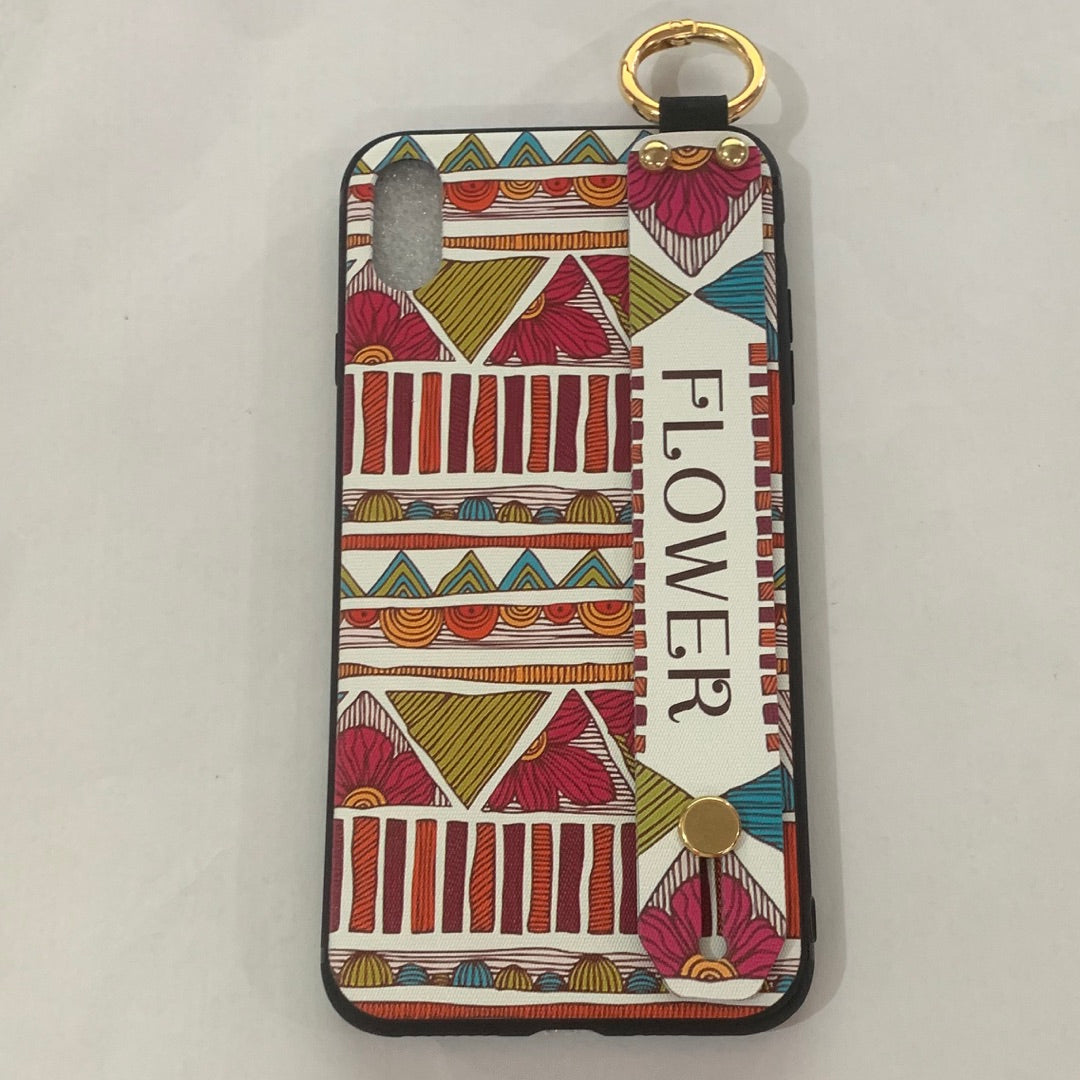 Phone case with geometric pattern and 'FLOWER' text on a white background