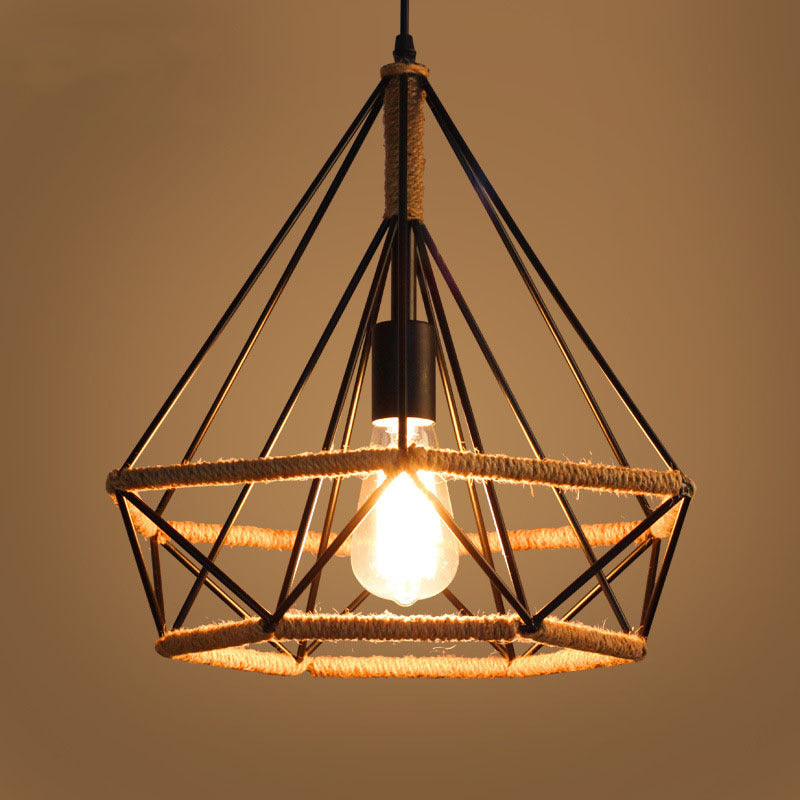 Geometric pendant light with a rope-like design on a warm background