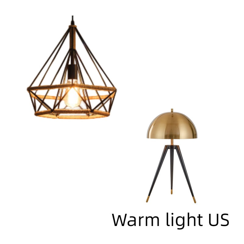 Two decorative lamps with geometric designs on a white background, labeled 'Warm light US'.