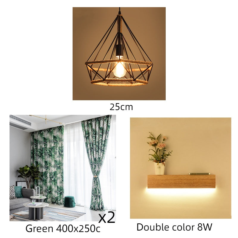 Collage of a pendant light, living room decor, and wall-mounted shelf with plant.