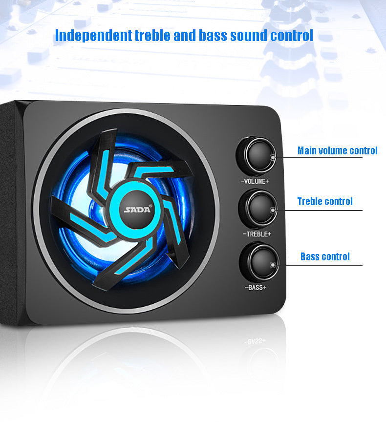 Black audio subwoofer with blue LED lighting and control knobs on a white background
