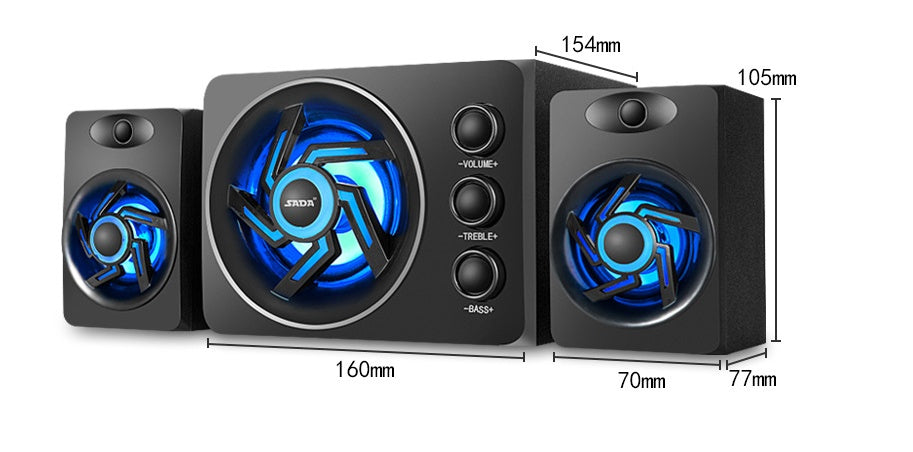 Gaming speaker system with blue LED lights and dimensions on a white background
