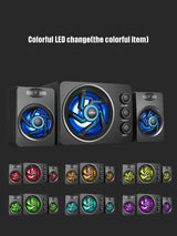 Gaming computer speakers with colorful LED lights on a black background