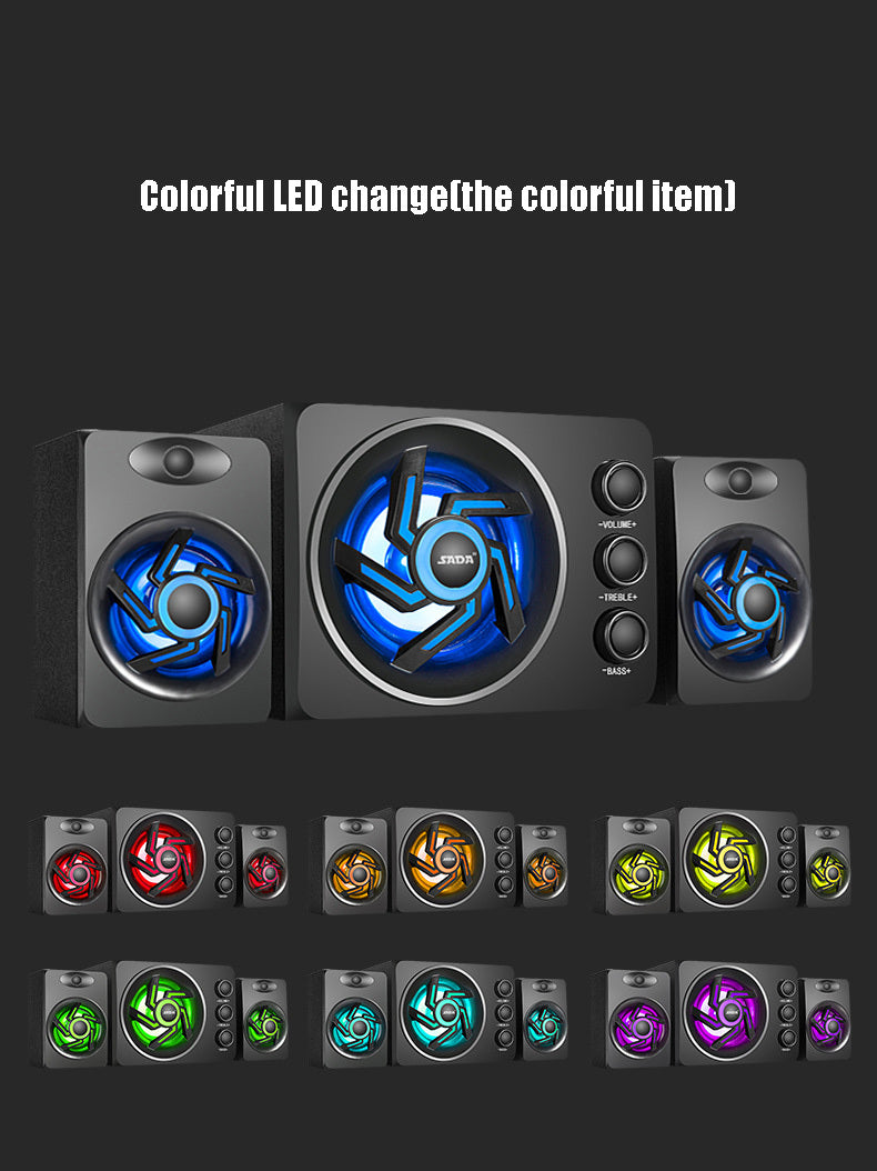 Gaming computer speakers with colorful LED lights on a black background