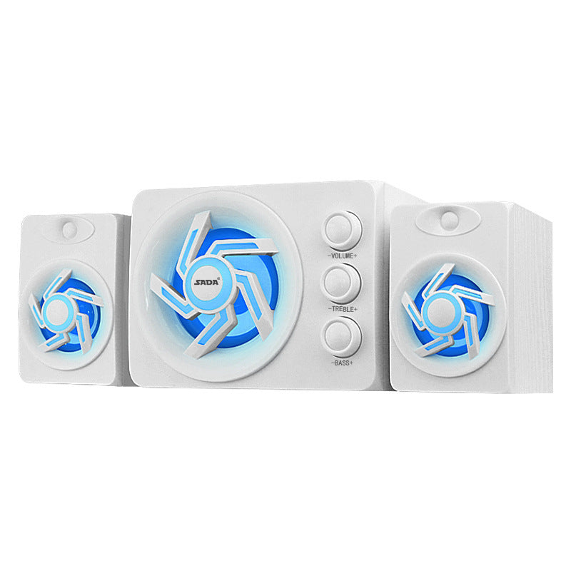 White electronic device with blue LED lights on a white background