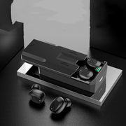 Wireless earbuds with charging case on a dark surface
