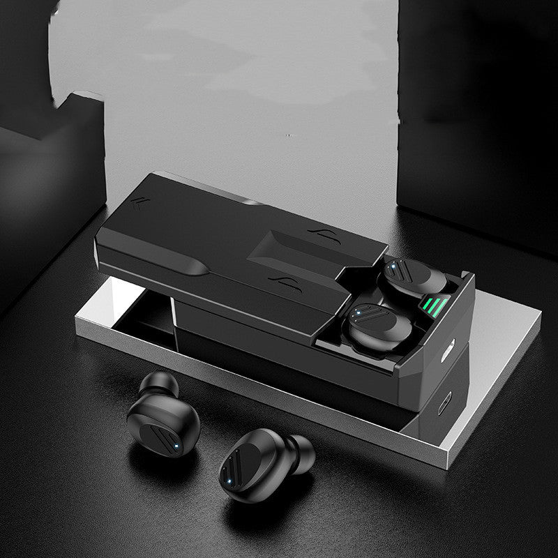 Wireless earbuds with charging case on a dark surface