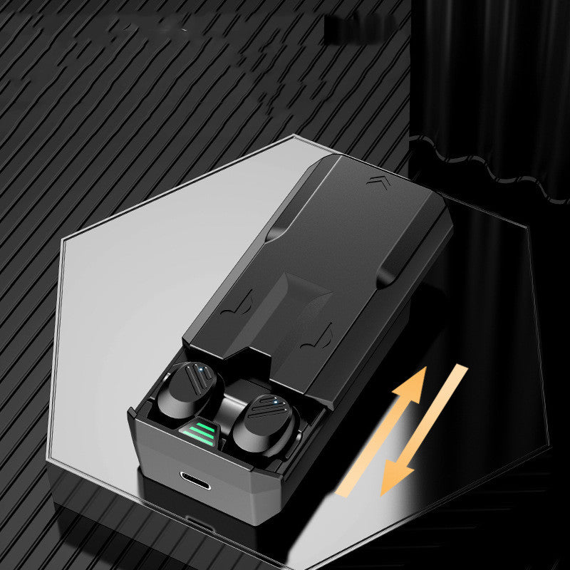 Black wireless earbuds in a charging case on a black and gray background