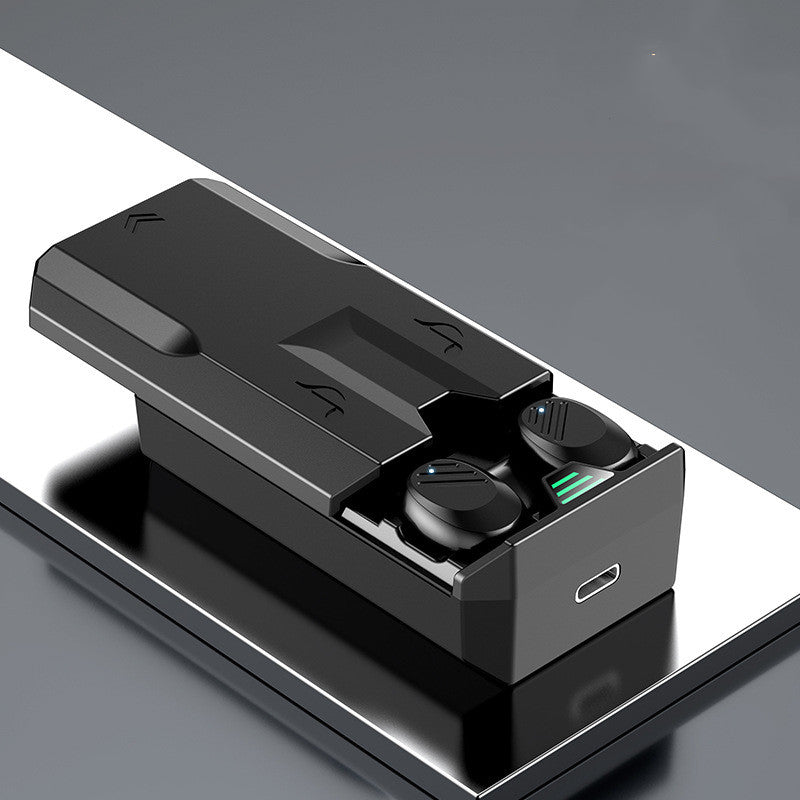 Black wireless earbuds in a charging case on a reflective surface with a gray background