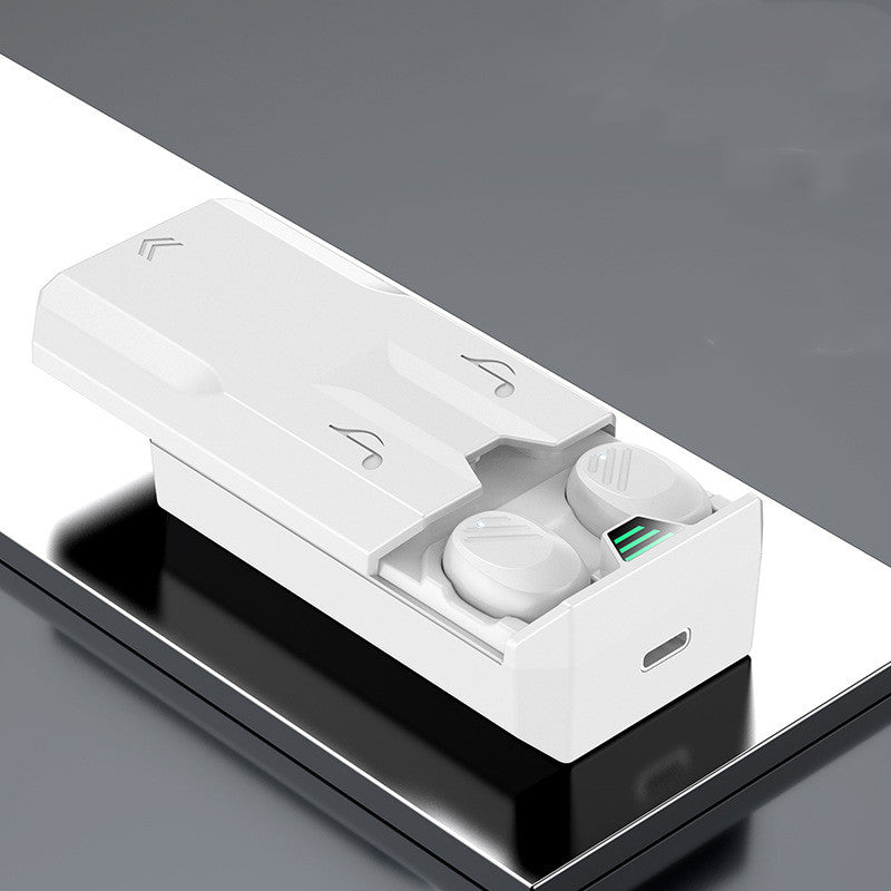 White wireless earbuds in a charging case on a reflective surface with a gray background