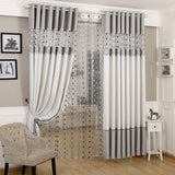 Decorative curtain with a geometric pattern in a room setting