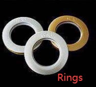 Three rings with different designs on a black background, labeled 'Rings'.
